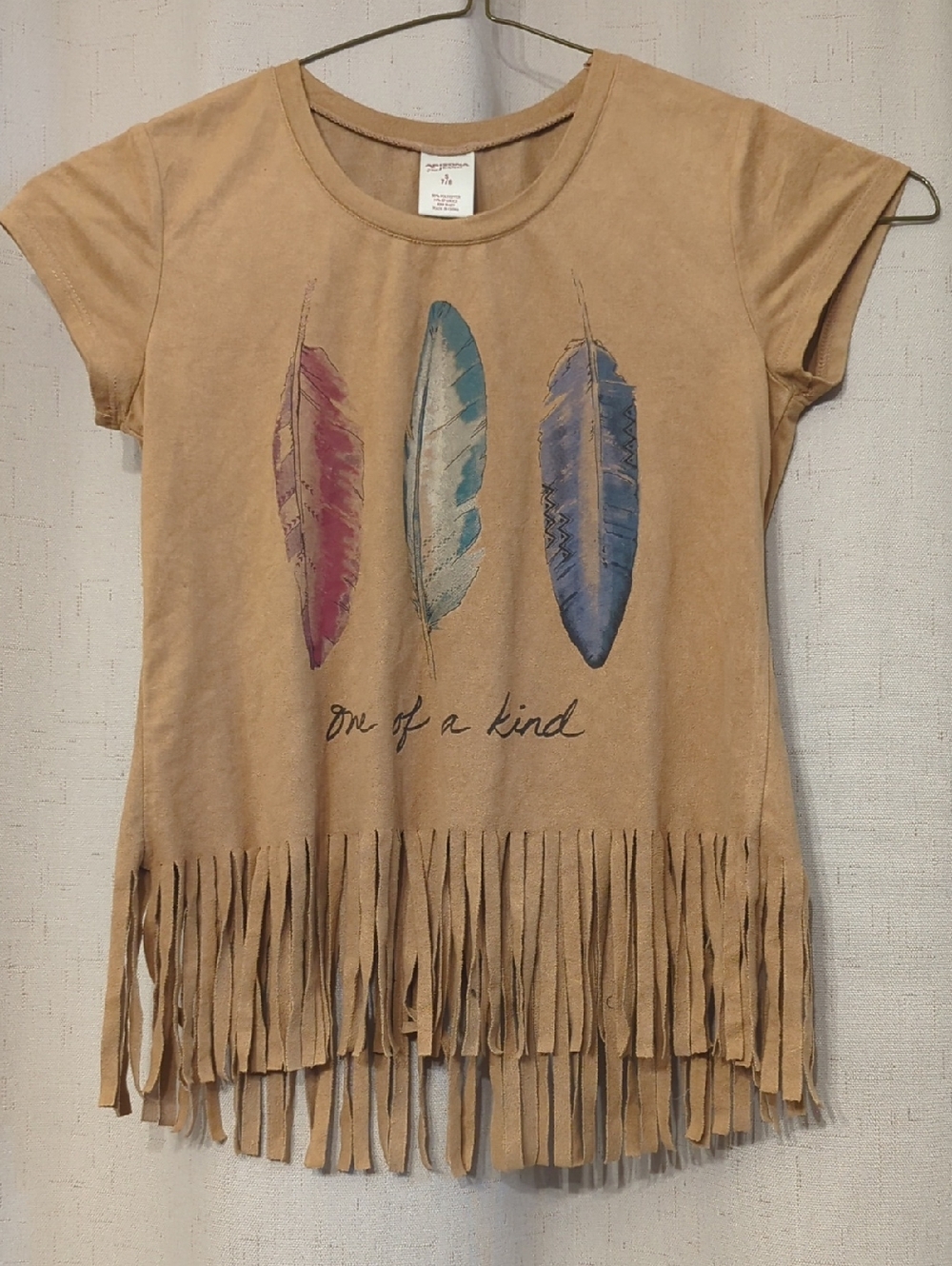 Arizona Jean Company Beige Fringe Tee with Feather Graphic